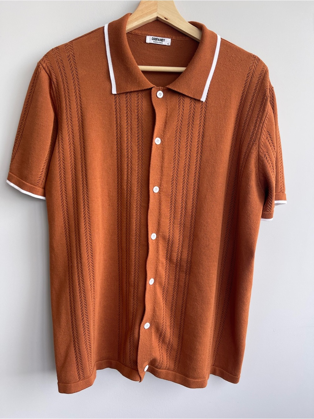 Coofandy Men’s Rust Orange Short-Sleeve Button-Down Knit Shirt